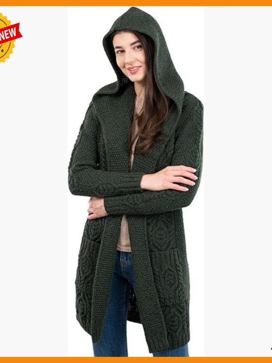 100% Merino Wool Long Cardigan with Hood Classic Fit Thigh Length